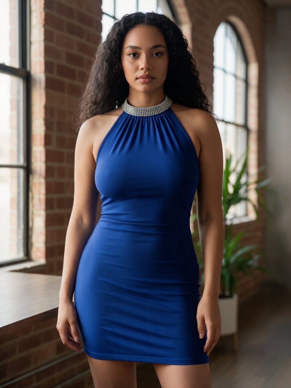 Cobalt Blue Stretchy Choker Tie Back Bodycon Dress